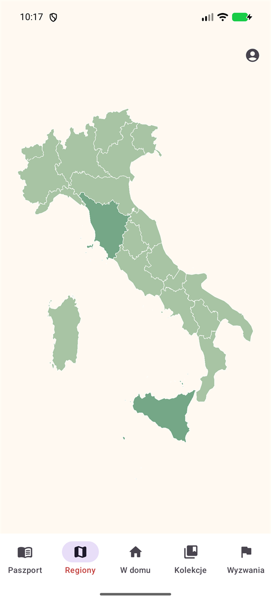 Mapa 20 regionów Włoch w aplikacji Passaporto d’Italia